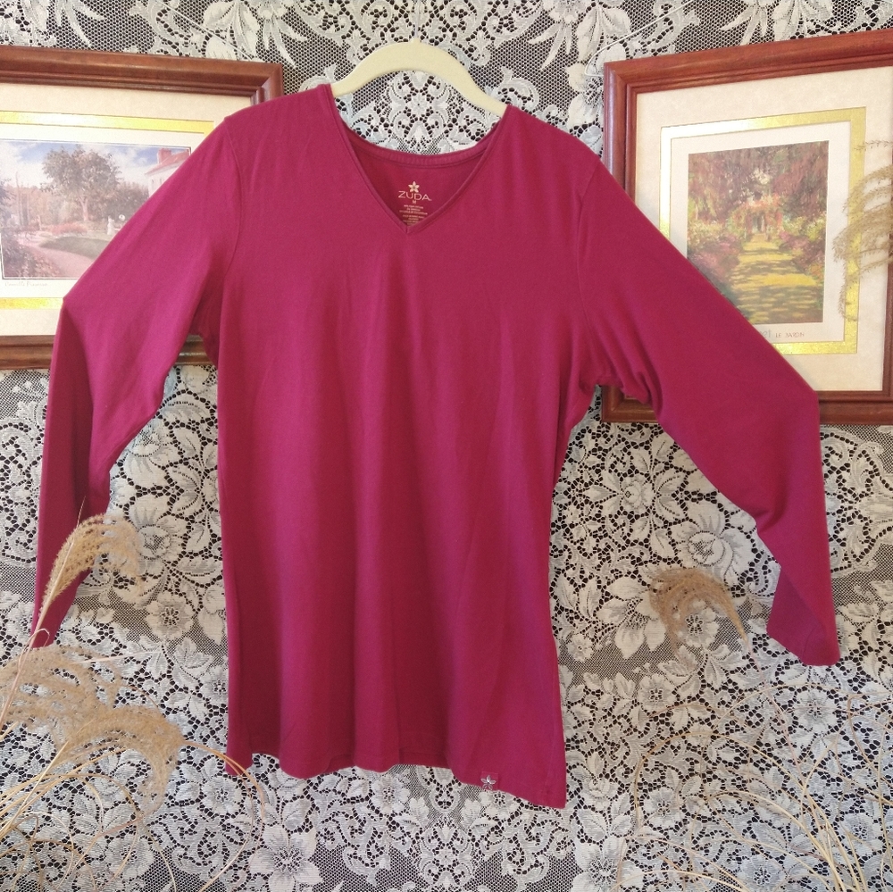 Zuda dark red / maroon long sleeve t shirt crew neck lounge wear pima cotton